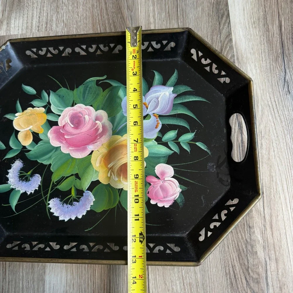 Vintage Toleware Hand Painted Floral Metal Serving Tray Black Gold Pierced Edge